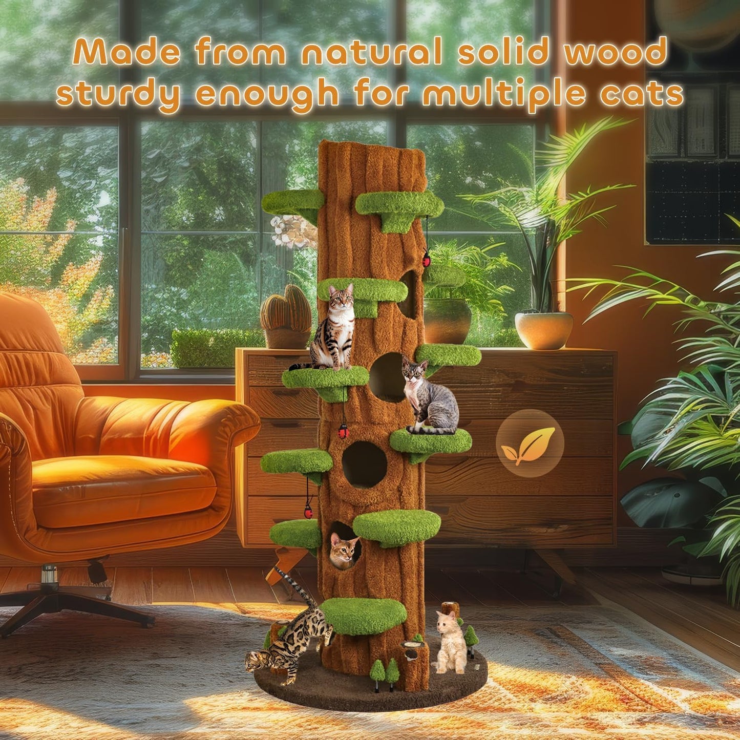 90.5'' Luxury Cat Tree with Scratching Pad, Wooden Cat Tower for Indoor Cats, Large Climber Tower, Tall Kitty Furniture, Multi-Level Condo for Multi-Cat Families