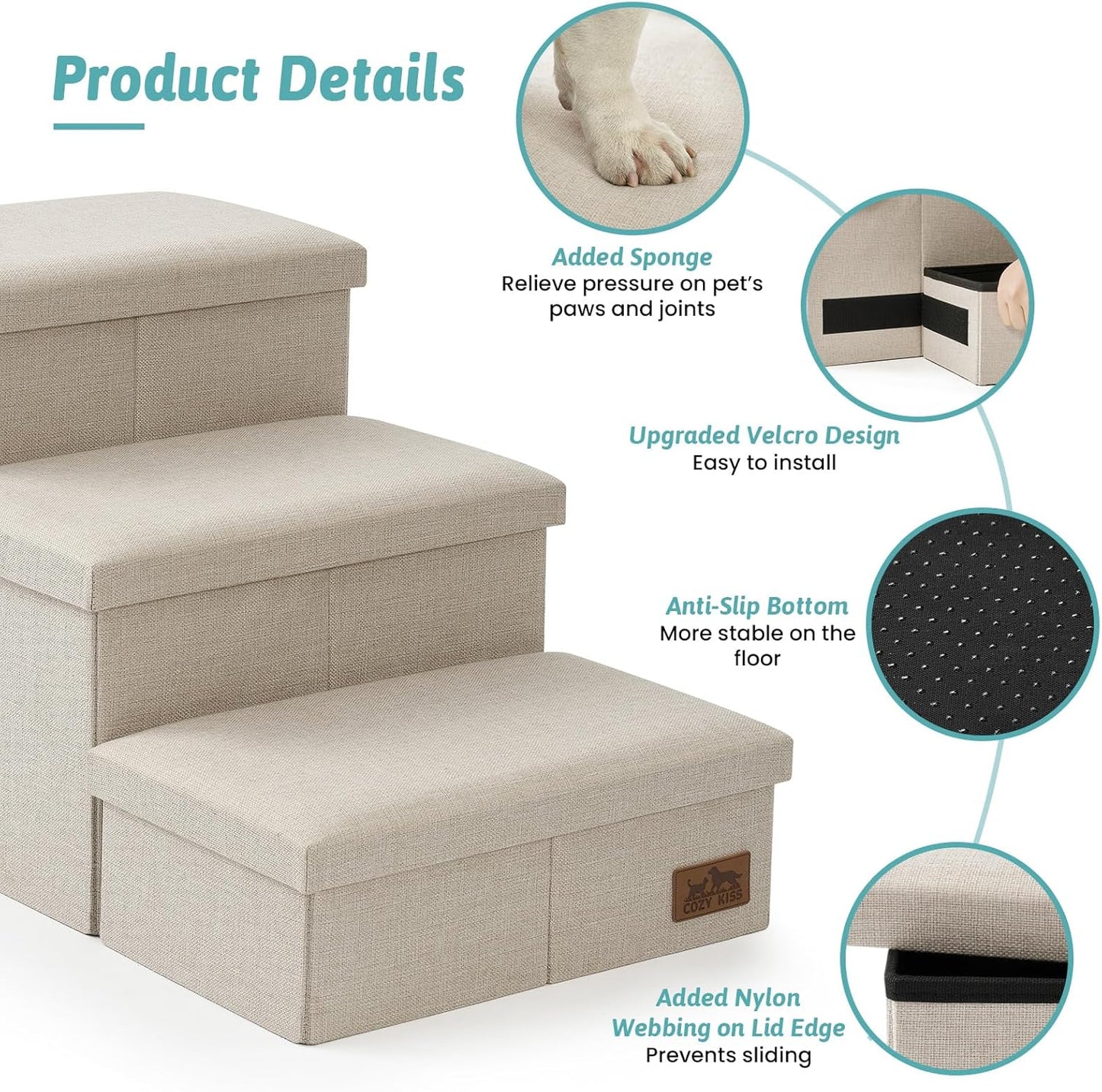 Dog Stairs with Storage, 3-Step Wider Sturdy Dog Steps for Small/Medium/Large Dogs and Older Cats, Folding Doggie Ramp for Bed/Couch/Car Hold Up to 180 lbs (16.7" H, Beige)