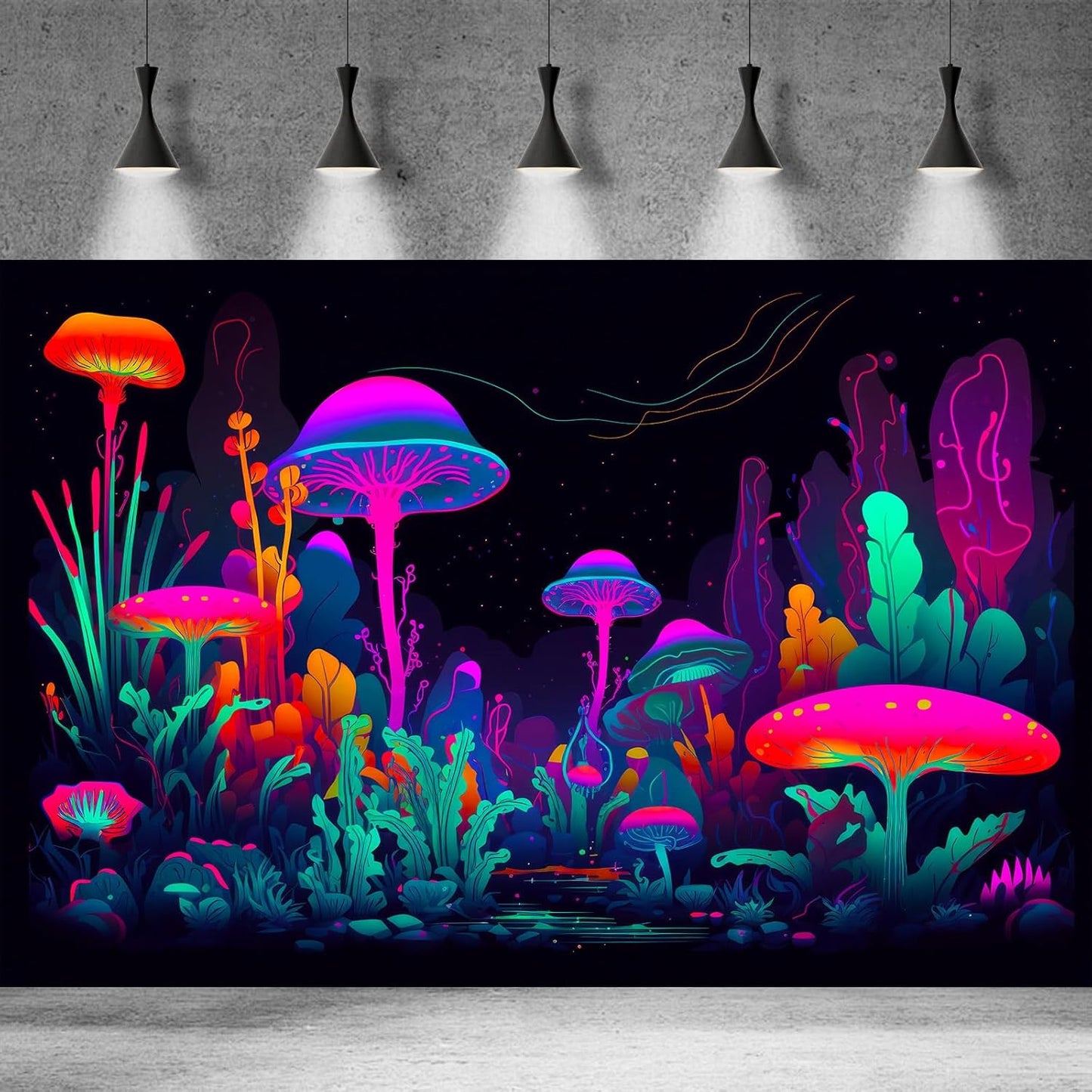 Mushrooms Aquarium Background Mushrooms in Dark Forest with Bright Colors Terrarium Background Tranquil Lake Cartoon Style Aquatic Plants Fish Tank Backdrop Poster Decorations Wallpaper Decor 48x20in