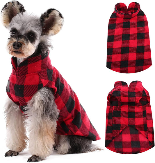 Kuoser Dog Fleece Vest,Warm Plaid Dog Sweater with Leash Hole,Soft Turtleneck Winter Pet Jacket Dogs Coat Pullover Clothes for Small Medium Dogs Cats,Spring Fall Cold Weather Christmas Outfit,Red S