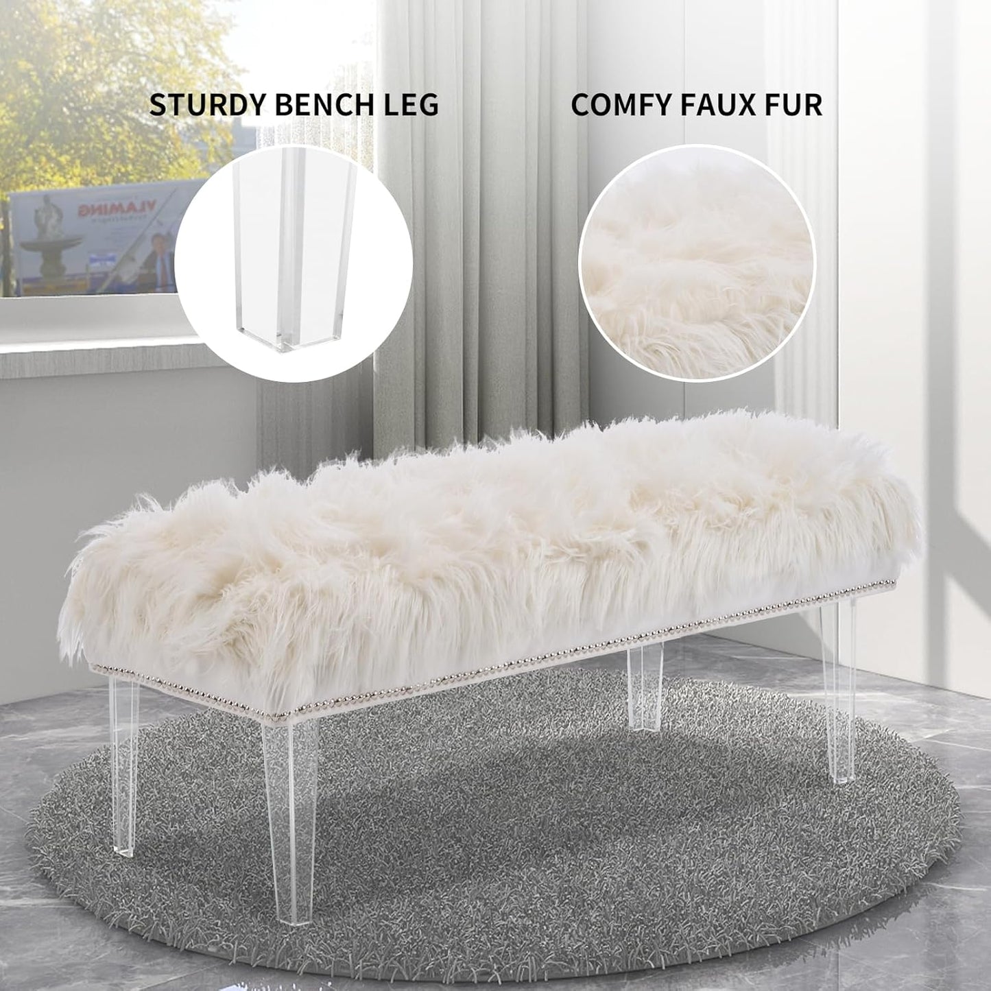 46 Inch White Bedroom Bench, Benches for Bedroom White Faux Fur Upholstered Bed end Bench, Tufting Ottoman Bench Indoor Bench with Acrylic Legs for Living Room Bedroom Entryway