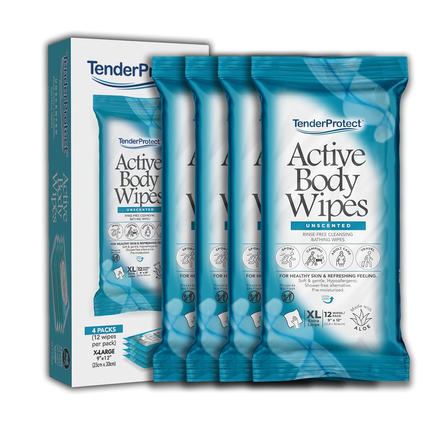 Active Body Wipes, XL Rinse-Free Shower Wipe for Adults, 9" x 12" Extra Large, Aloe, No Rinse Bath Wash Cloth - Gym, Sports, Travel, Camping, Elderly Care, Portable (Case of 576)