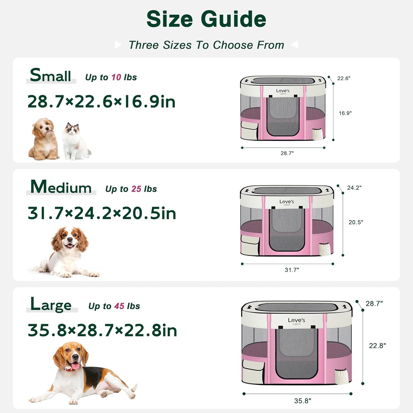 Love's cabin Pet Puppy Dog Playpen, Large Dog Tent Crates Cage Indoor/Outdoor, Portable Exercise Playpen for Cat, Foldable Pop Up Dog Kennel Playpen with Carring Case (L, Light Pink)