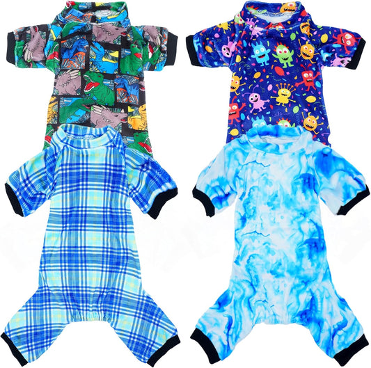 PET SHOW 4 Pack Small Dog Pajamas Cute Dinosaur Monster Clothes for Medium Dogs Soft Stretchy PJs Plaid Jumpsuit Puppy Cats Tie Dye Onesies Outfits with Sleeve Pets Dachshund Costume(M, Blue for Boys)