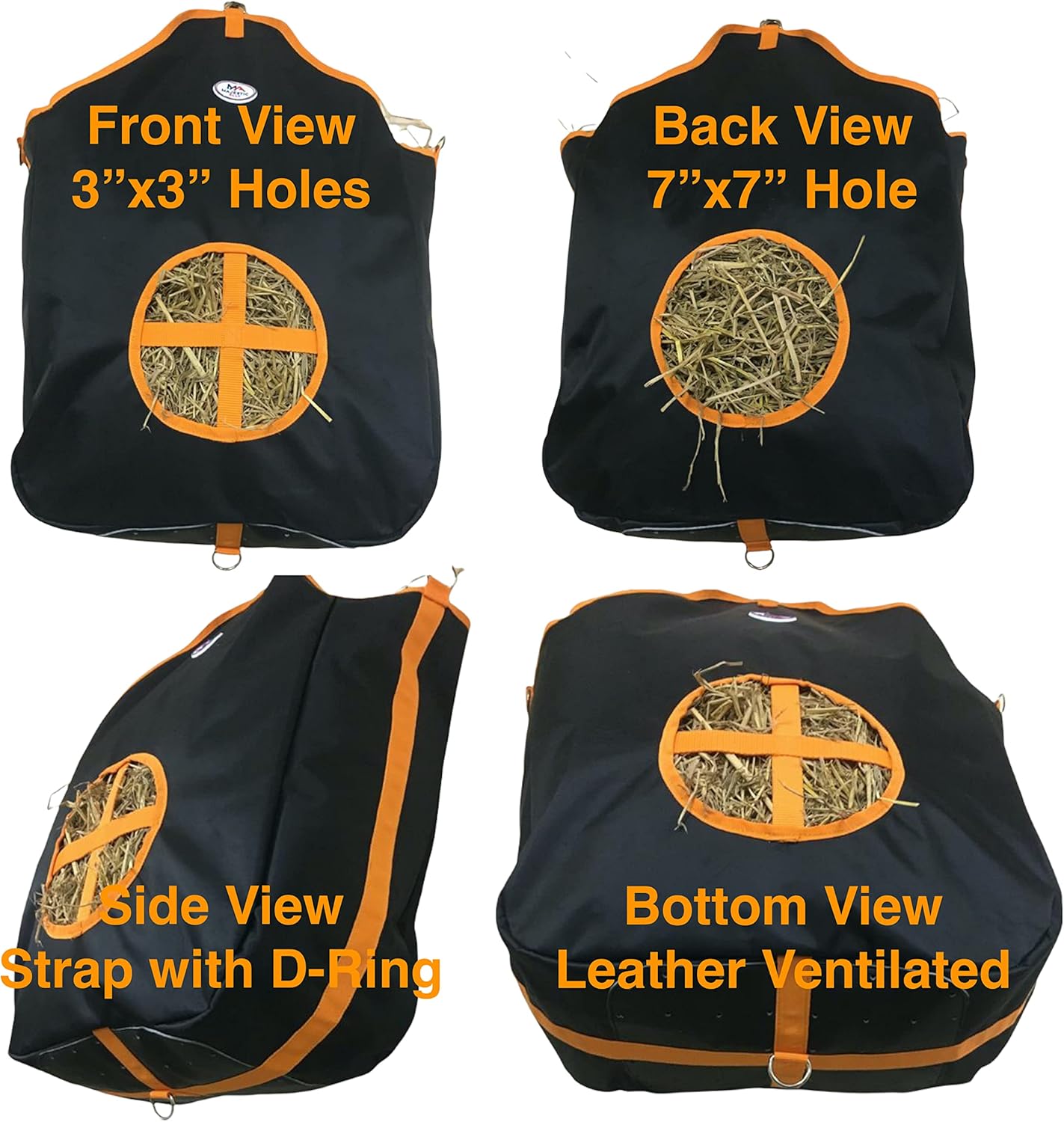 Majestic Ally Nylon Hay Feeder Tote Bag for Horse, Goat, Sheep - Double Sides Open Feed Hole with Faux Leather Ventilated Bottom- Premium Quality -Simulates Grazing - Reduces Waste (Black)