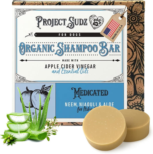 Medicated Organic Dog Shampoo Bar for Hot Spots, Dry Coat, and Allergies, All Natural Dog Shampoo with Neem, Aloe, and ACV, Eco-Friendly, Vet Recommended, 1 Bar for Sensitive Skin Relief