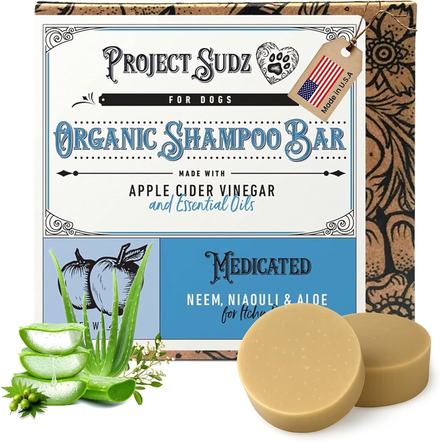 Medicated Organic Dog Shampoo Bar for Hot Spots, Dry Coat, and Allergies, All Natural Dog Shampoo with Neem, Aloe, and ACV, Eco-Friendly, Vet Recommended, 2 Bars for Sensitive Skin Relief