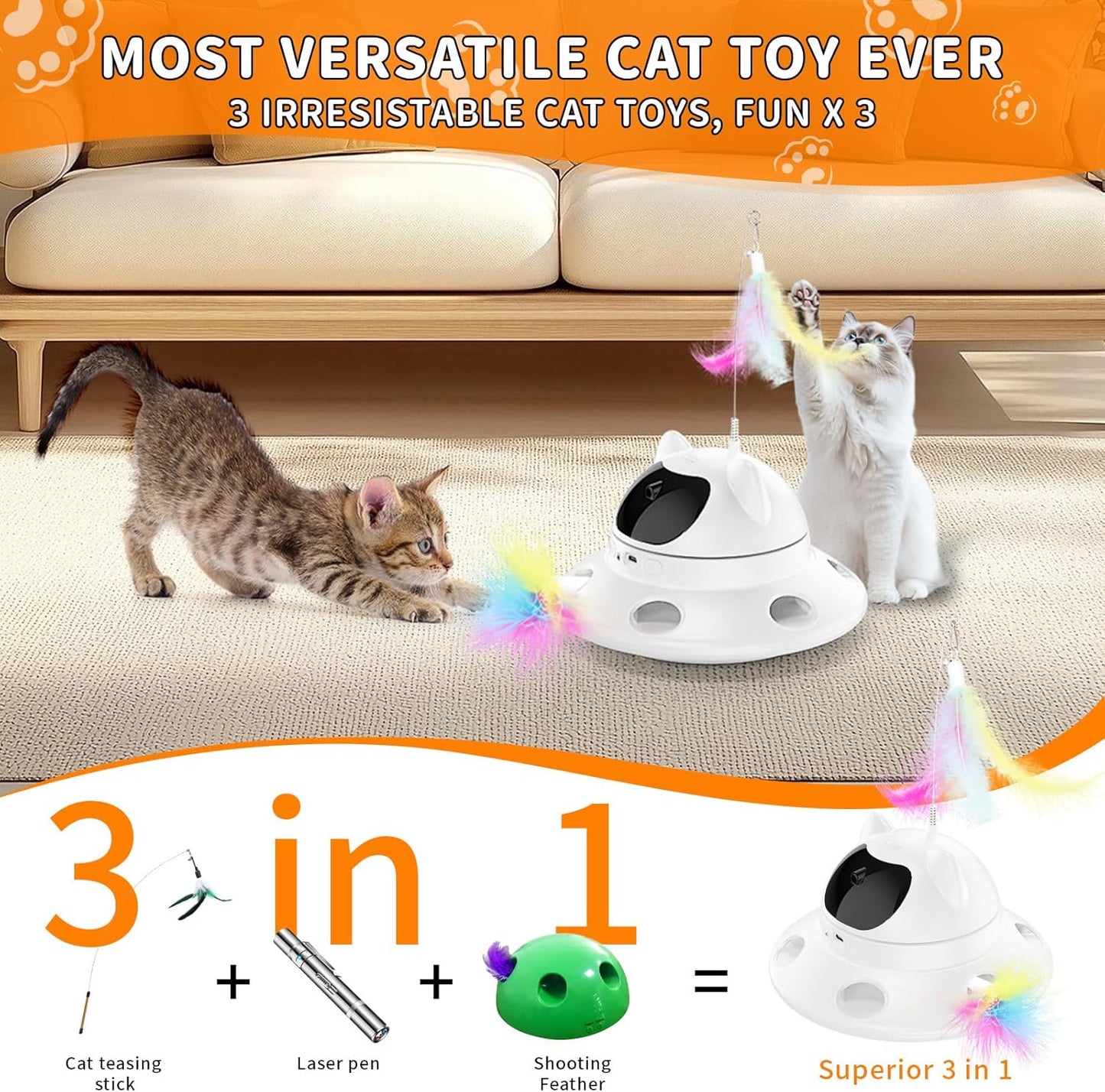 Cat Laser Toy,3-in-1Interactive Cat Toys Automatic Cat Toy with 360° Random Laser & Interactive Feather - 5 Laser PatternsUSB Rechargeable Motion Activated Moving - Fun Toys for Indoor Cats & Kittens