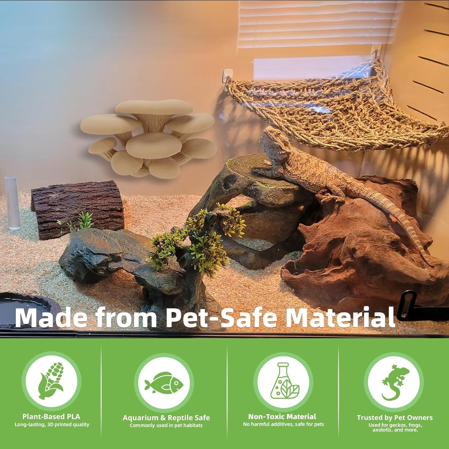 Mushroom Decor for Reptile Tank, Fish Tank, Pet-Safe Bearded Dragon Tank Accessories, Realistic Terrarium Plants for Leopard Geckos, Crested Geckos, Tree Frogs, Snakes (Forest, Cluster Cap)