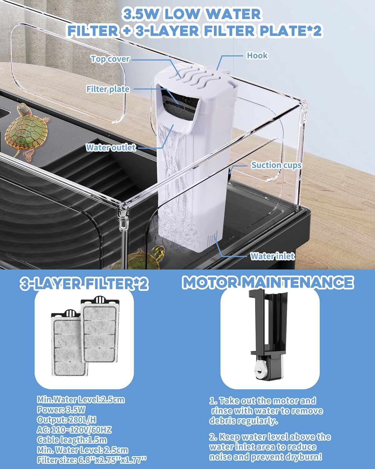 Small Turtle Tank Kit, Acrylic Turtle Tank Starter Kit with Basking Platform, Bottom Drainage, Multi-Function Areas for Turtles, Crabs, Crayfish, Small Reptiles. (Black+White)