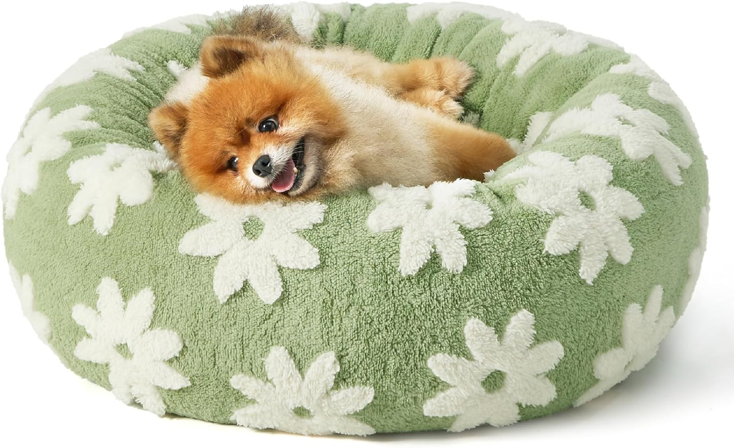 LE SURE Small Dog and Cat Bed - Round Calming Beds, Cute Modern Design with Jacquard Shaggy Plush, Anti-Slip Bottom, 23 Inch, Green