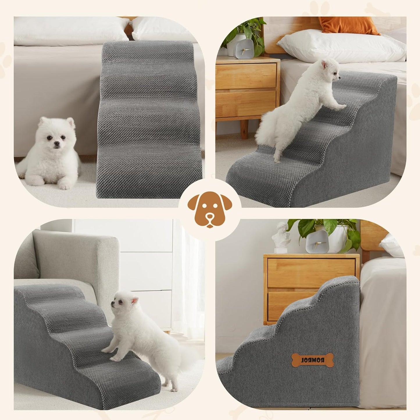 Romrol Dog Stairs Ramp for High Beds Couches, 33D High Density Foam Pet Steps with Durable Non-Slip Waterproof Fabric Cover, Dog Stairs for Small Dogs or Cats or Pets, 4-Step,Grey