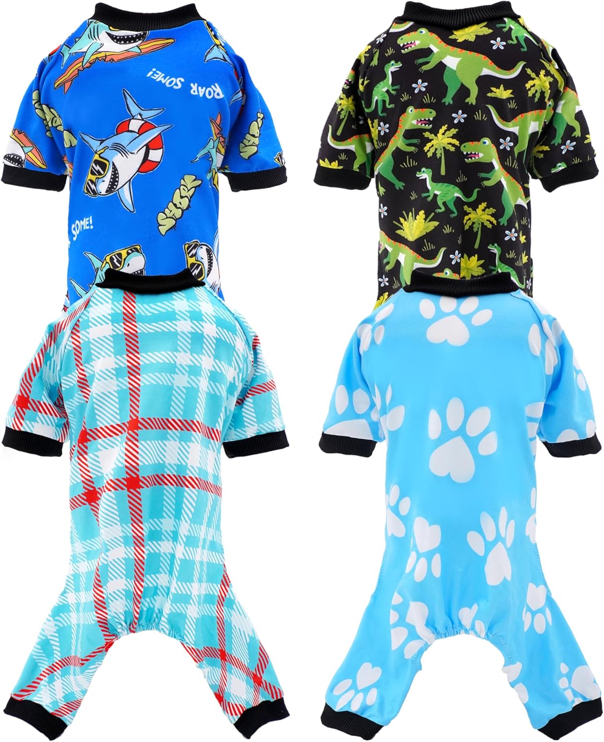 PET SHOW 4 Pack Dog Pajamas Dinosaur Shark for Small Medium Dogs Boy Soft Stretchy PJs Plaid Jumpsuit Dog Paw Onesies Outfits with Sleeve Pets Breathable Summer Clothes Costume XL