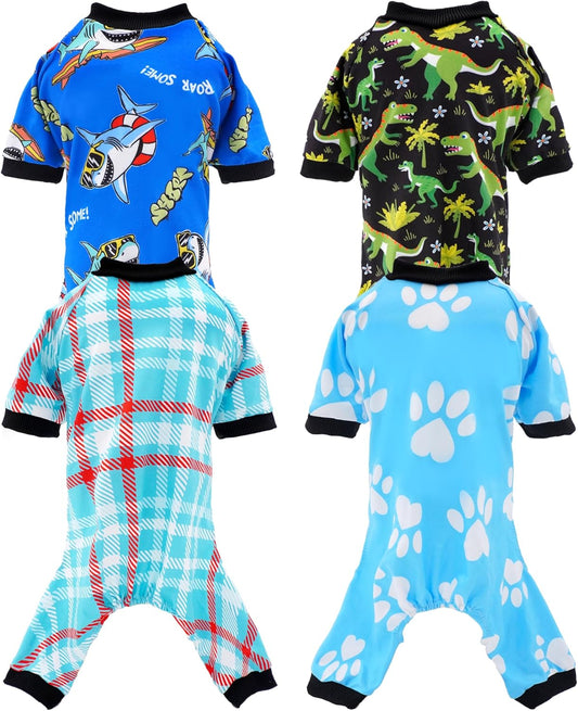 PET SHOW 4 Pack Dog Pajamas Dinosaur Shark for Small Medium Dogs Boy Soft Stretchy PJs Plaid Jumpsuit Dog Paw Onesies Outfits with Sleeve Pets Breathable Summer Clothes Costume XL
