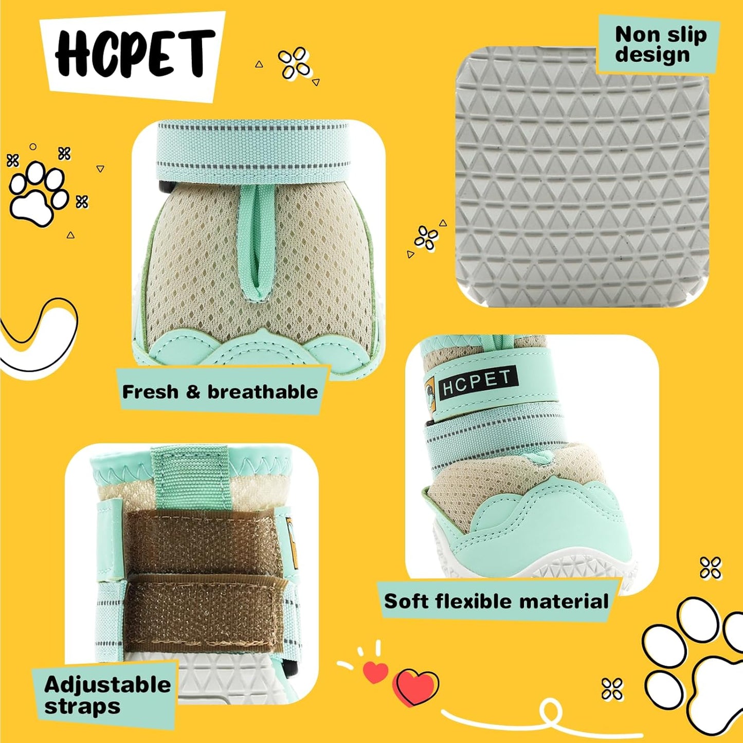 Hcpet Dog Shoes for Large Dogs, Breathable Dog Booties for Small Medium Dogs, Anti-Slip Dog Boots & Paw Protectors for Hot Pavement Winter Snow Hiking with Reflective Straps Green Size 6