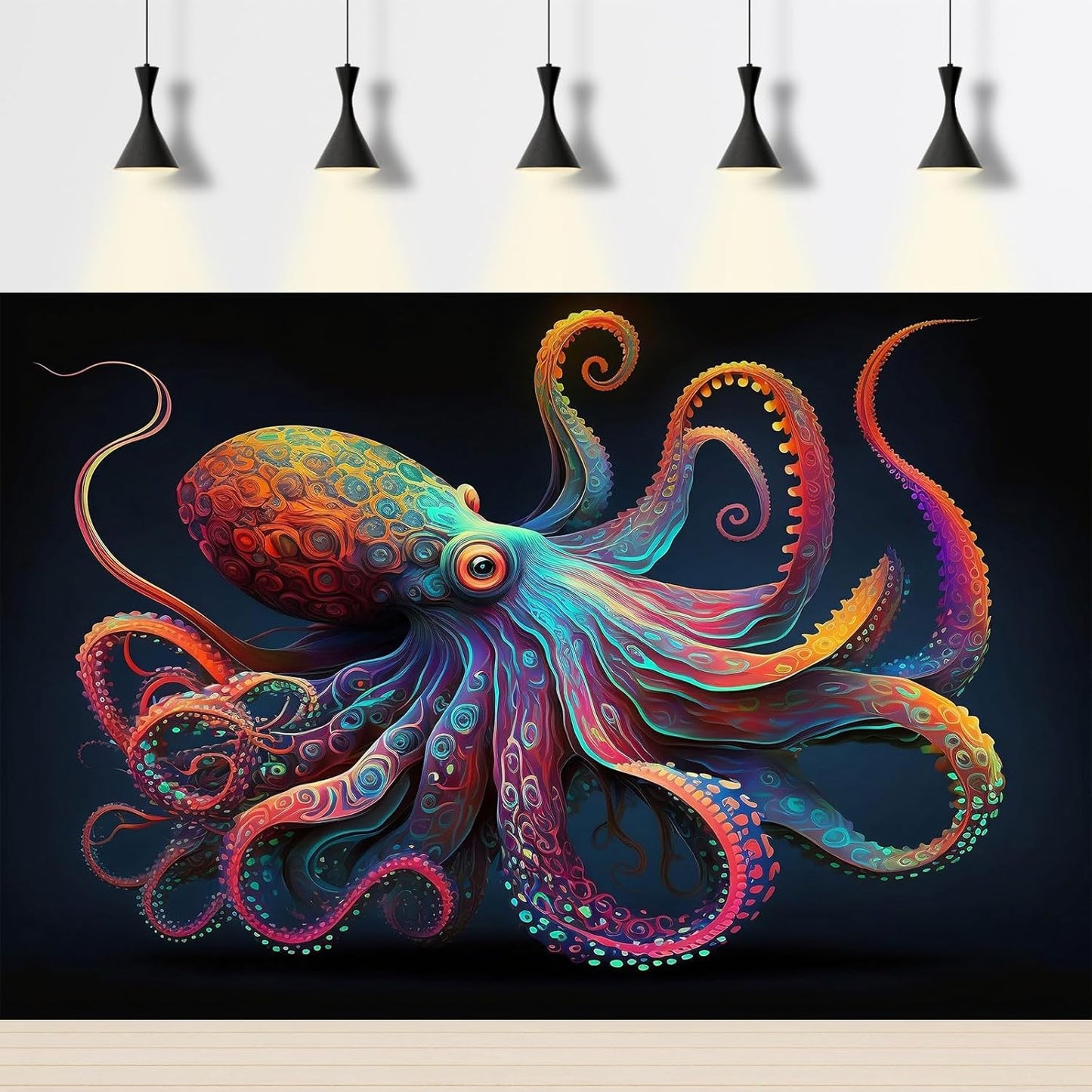 Exquisite Octopus Aquarium Background Abstract Colorful Octopus Terrarium Background Glowing Octopus on Black Background Fish Tank Backdrop Octopus Backdrops Poster Wallpaper Decors Vinyl 36x18in