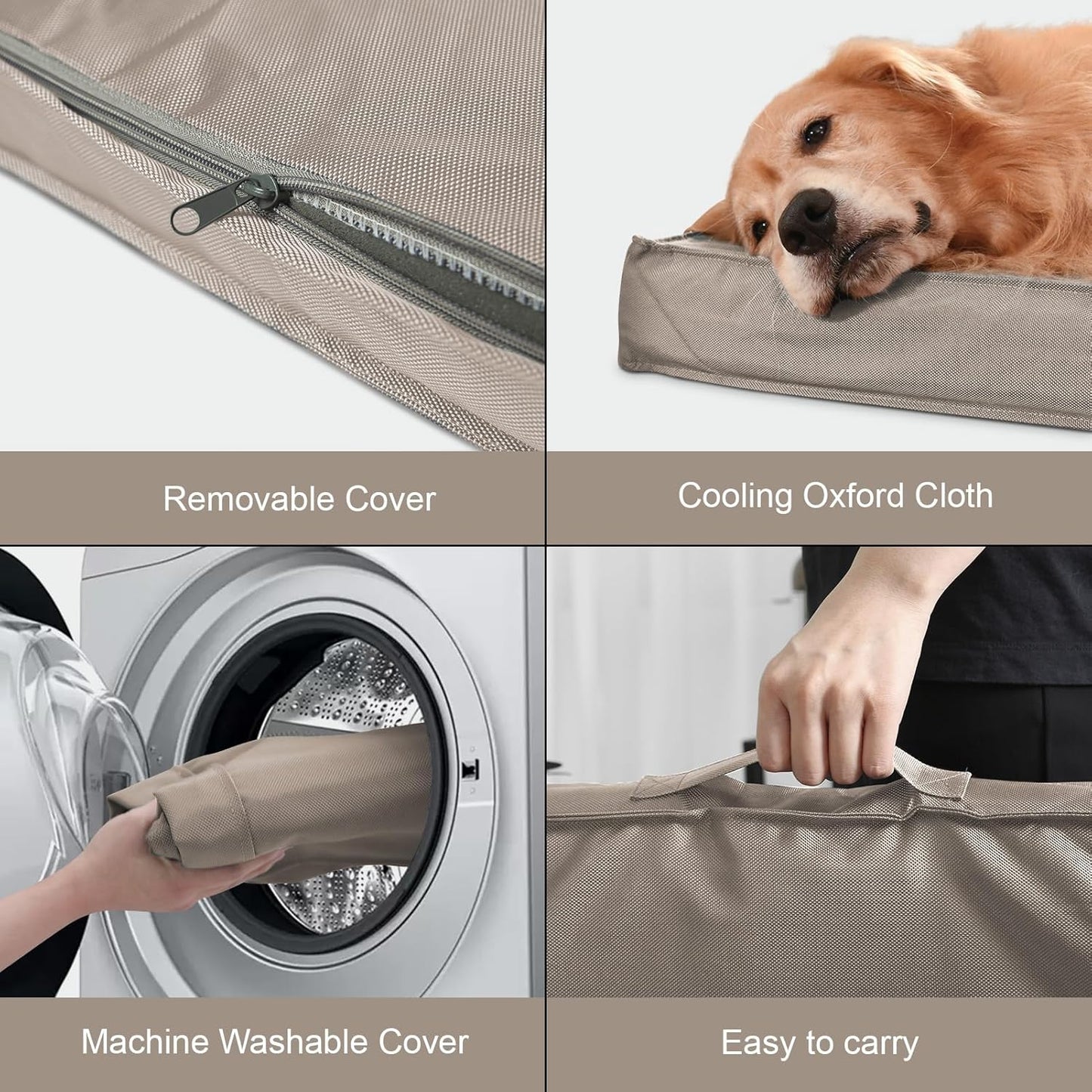 Dog Crate Bed Washable Dog Beds for Large Dogs, Big Waterproof Orthopedic Pet Bed with Egg Crate Foam Pet Bed Mat, Removable Oxford Cooling Cover, Khaki