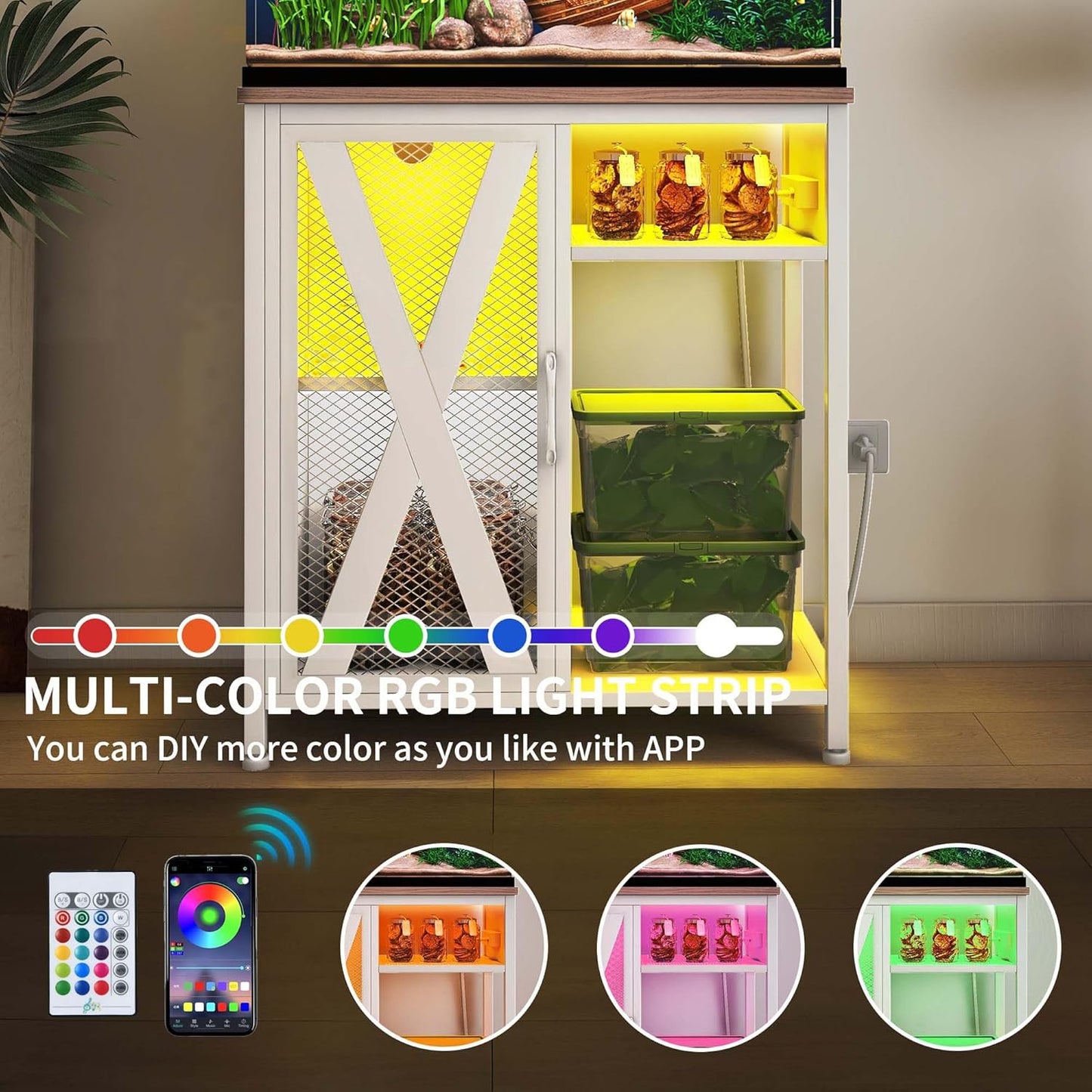 DWVO 20-29 Gallon Aquarium Stand with Power Outlets & LED Light, Cabinet for Fish Tank Accessories Storage - Metal Stand Suitable for Turtle Tank, Reptile Terrarium, 350LBS Capacity, White