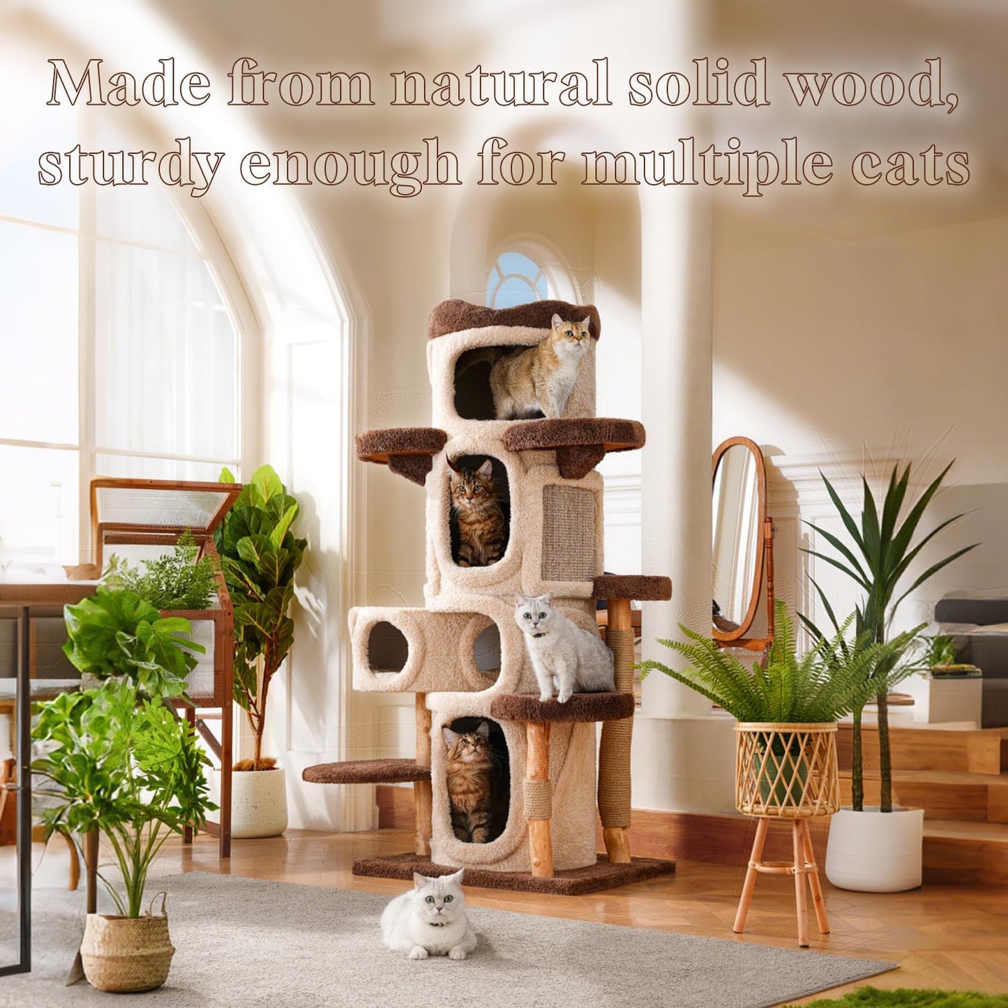 70" Heavy Duty Cat Tree for Large Cats with Toys, All-in-One Cat Tower with Cat Perch, Tall Cat Tower with Scratching Post, Brown Modern Cat House