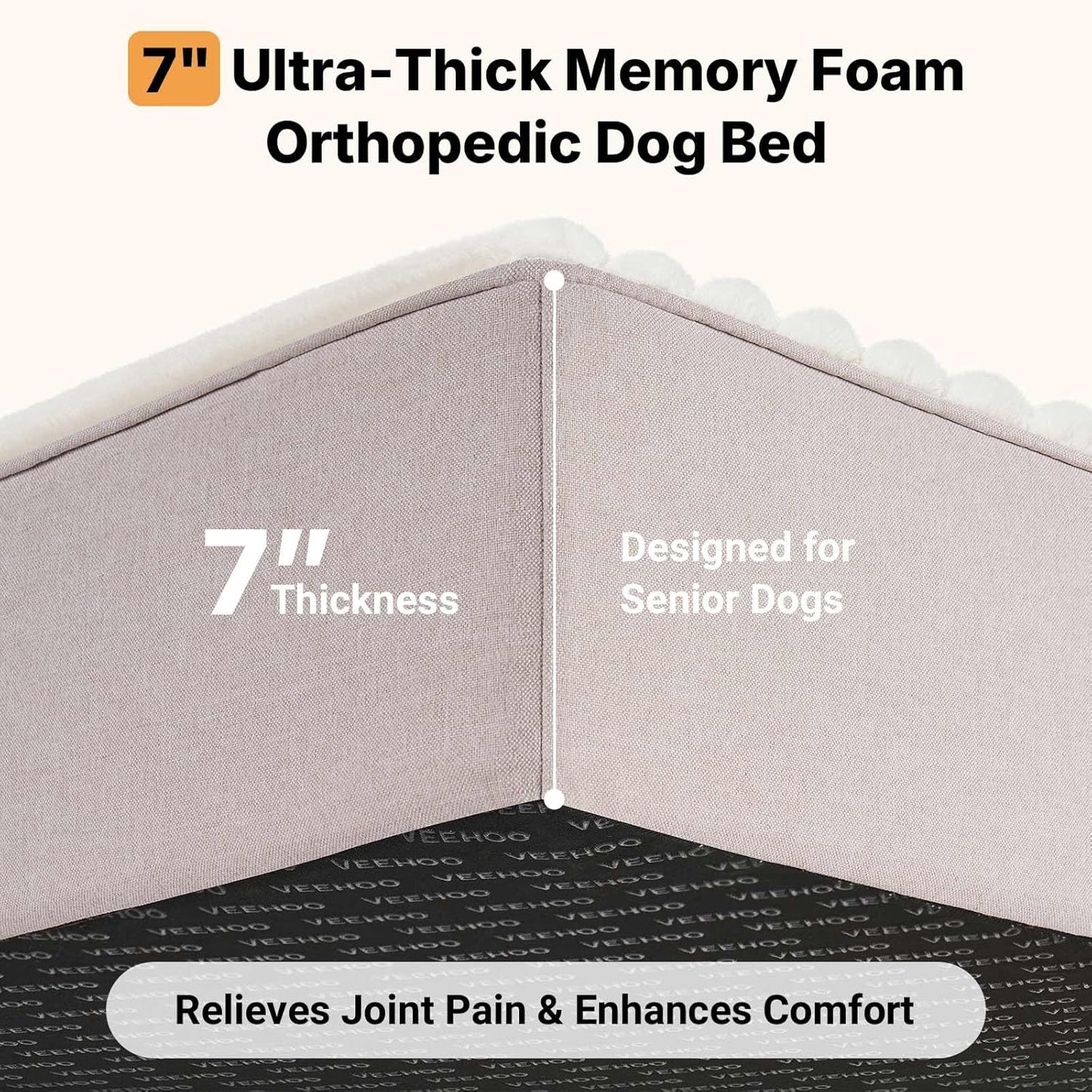 Veehoo Orthopedic Memory Foam Dog Bed, 7 Inch Thick Extra Large XXL Dog Bed for Senior Dogs with Ultra-Soft Fluffy Surface, Waterproof Liner, Removable Washable Cover and Non-Slip Bottom, 52"x36"x7"