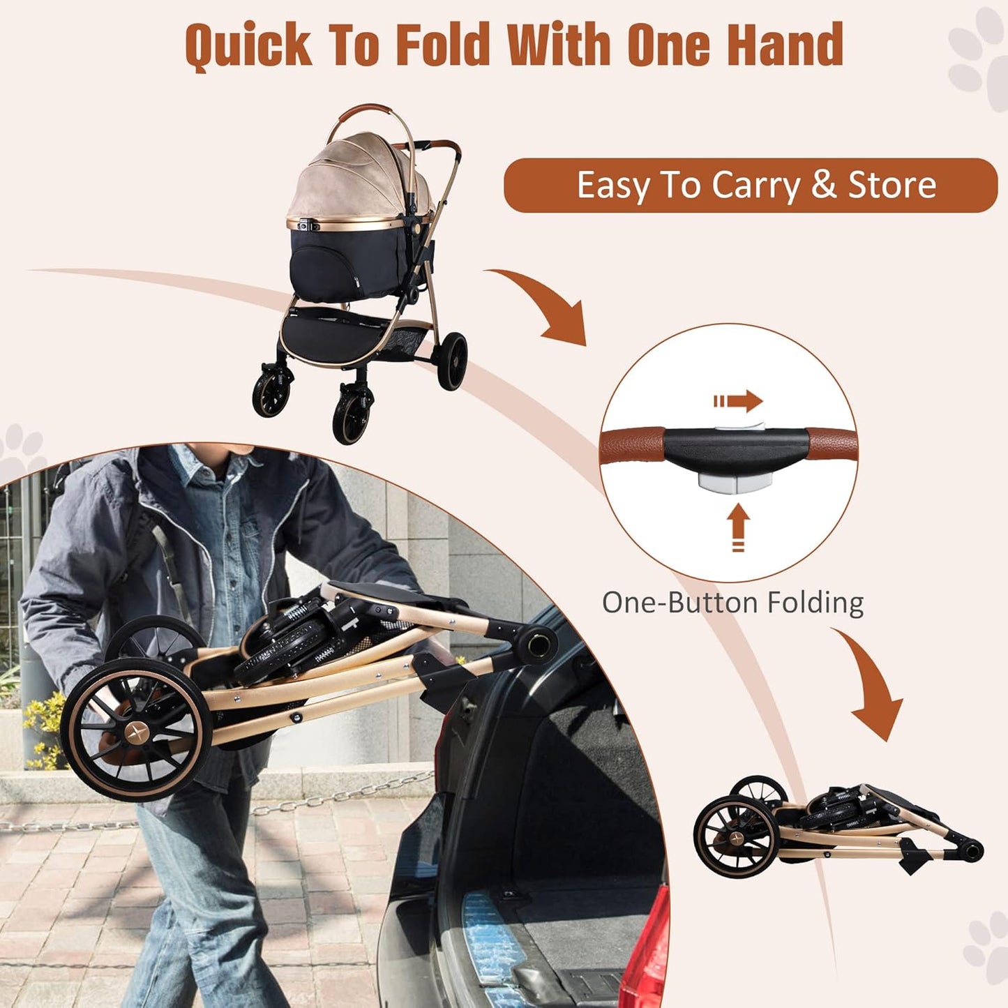 3 in 1 Multifunction Pet Stroller for Small Medium Dogs Cats, No-Zip Dog Stroller with Detachable Carrier & Cup Holder, One-Hand Quick Fold, 4 Wheels Travel Foldable Aluminum Alloy Frame Up to 33 lbs