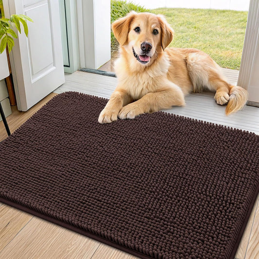 Smiry Dog Door Mat for Muddy Paws 36x24, Absorbs Moisture and Dirt Doormat, Non-Slip Washable Quick Dry Chenille Front Door Mat Indoor Entrance, Entryway Carpet for Inside Floor, Brown