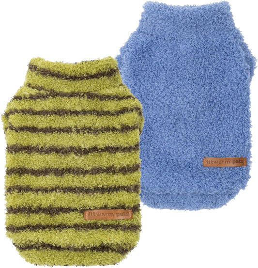 Fitwarm 2 Pack Striped Fleece Dog Sweater, Warm Winter Clothes for Small Dogs Boy Girl, Fuzzy Pet Outfit, Sky Blue, Olive Green, Large