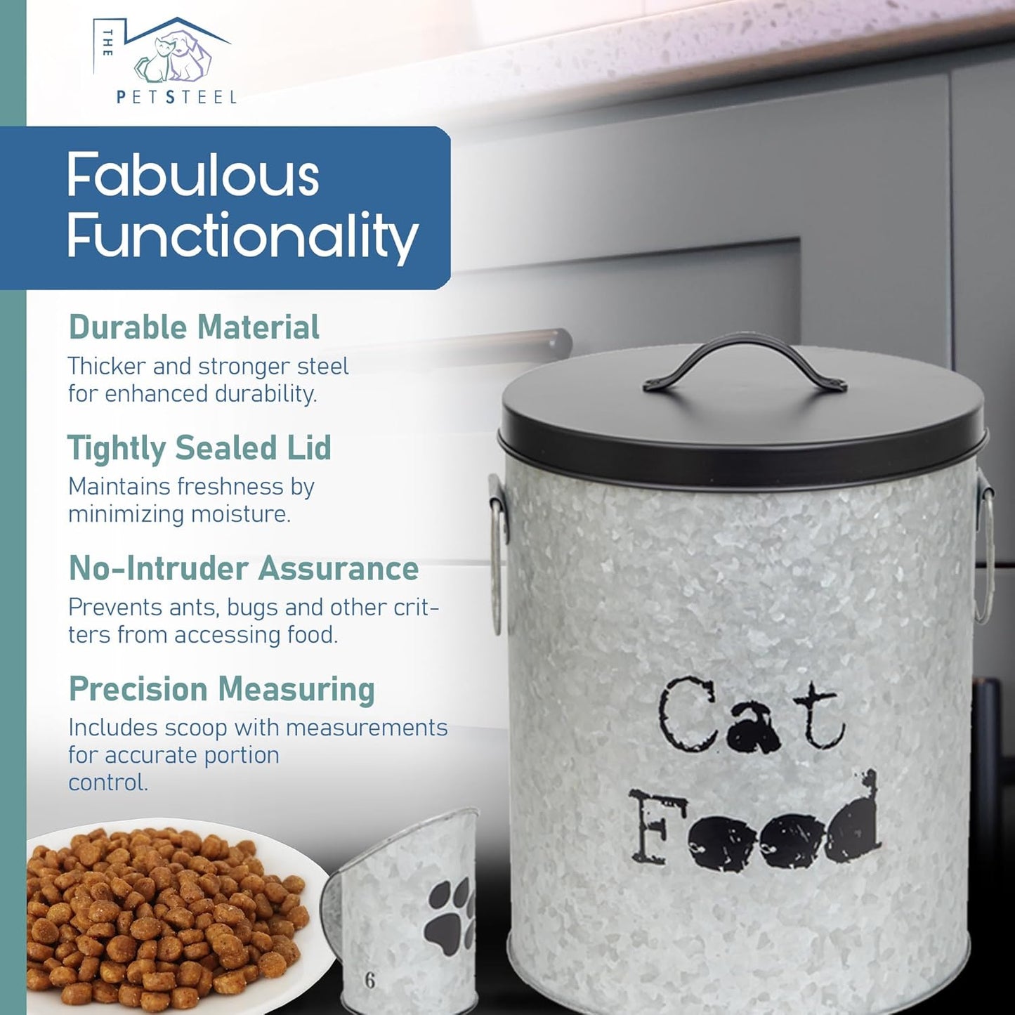 Medium Cat 30lb Pet Food Storage Canister with Scoop – Durable & Airtight for Freshnesss, Minimalist Design & Recyclable, Huge Large Metal Container (Cat Bin - Medium Size)