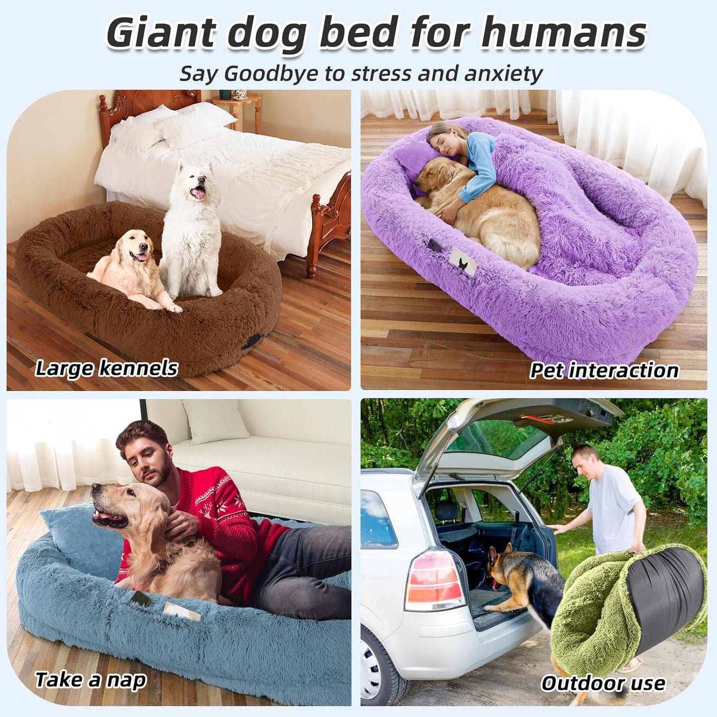 Human Dog Bed, 71''x45''x12'' Size Fits You and Pets, Washable Faux Fur Pet Bed for People Doze Off, Napping Orthopedic Dog Bed, Present Plump Pillow, Blanket, Strap - GreenWhite