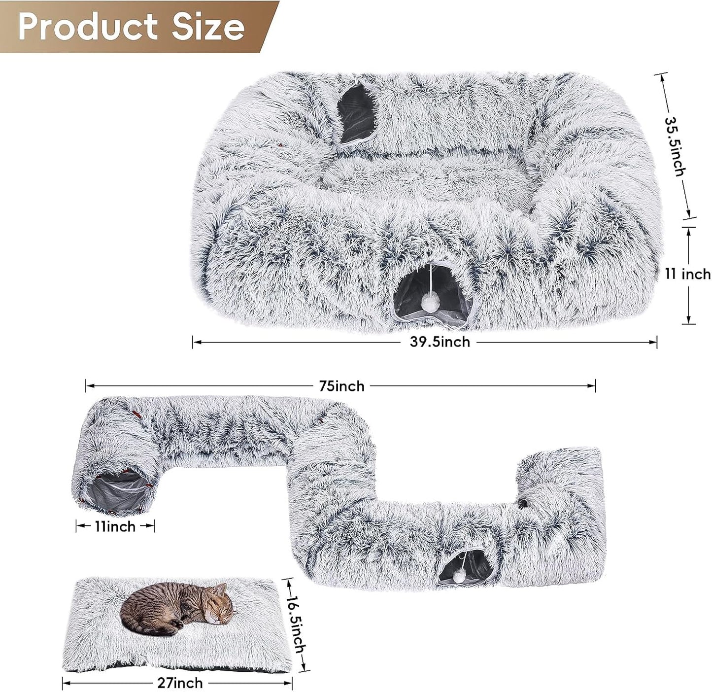 Extra Large Cat Tunnel Bed, 4 Ways Tunnels for Indoor Cats, Multi-cat Family Peekaboo Cave & Cat Bed, Plush Cat Donut with Washable Middle Mat, Exit Balls, Pet Play Toy for Kitten Puppy Rabbit