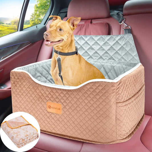 Memory Foam Booster Dog Car Seat Medium Dogs, Elevated Pet Car Seat Under 45 LBS, Detachable Washable, Anti-Slip Dog Booster Seat for Car Back Seat Only, Travel Dog Car Bed, Dog Seat Belt