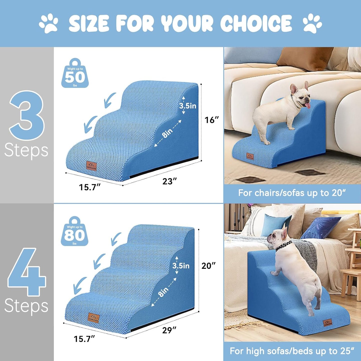 Dog Ramp and Stair for Bed 16" H-20 H,3-Step Cat Stair for Sofa and Chair,4-Step Dog Ramp for High Bed and Window,Durable Nonslip Fabric Cover for Indoor (Blue-20“H, Pet Friendly, 4)