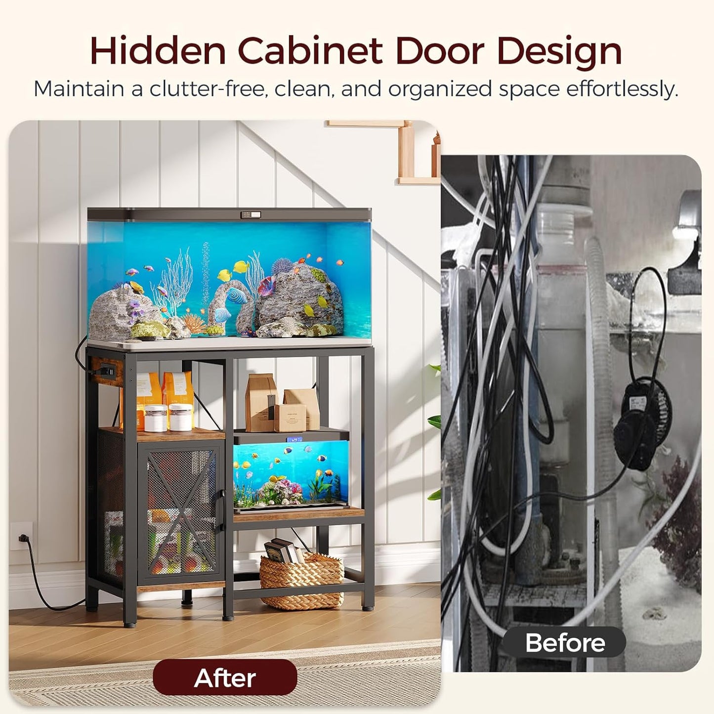 20-37 Gallon Fish Tank Stand, Aquarium Stand with Power Outlet and Storage Cabinet, Heavy Duty Tank Stand Suitable for Turtle Tank, Reptile Terrarium, for Home Office, Rustic Brown FTHR40E01