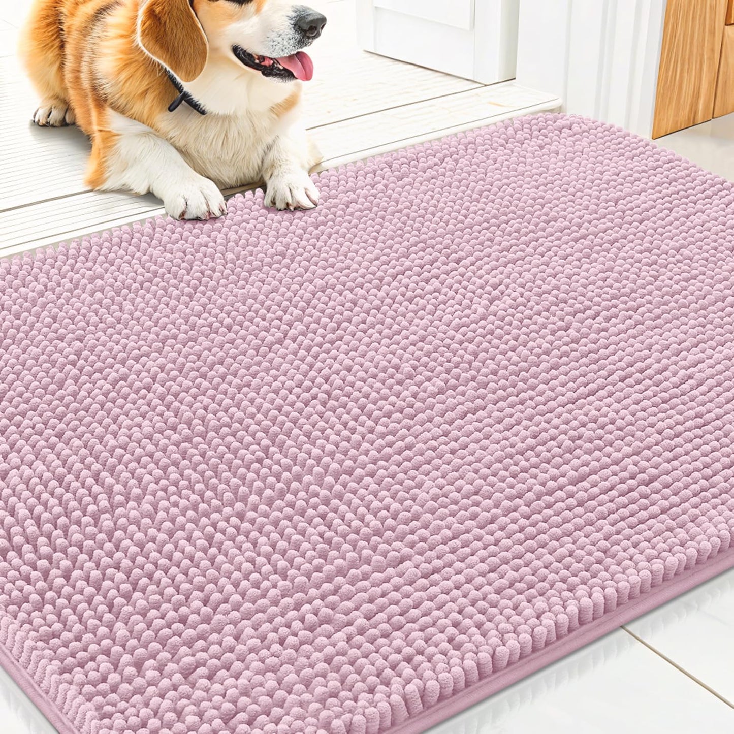 Smiry Dog Door Mat for Muddy Paws 30x20, Absorbs Moisture and Dirt Doormat, Non-Slip Washable Quick Dry Chenille Front Door Mat Indoor Entrance, Entryway Carpet for Inside Floor, Dusty Rose