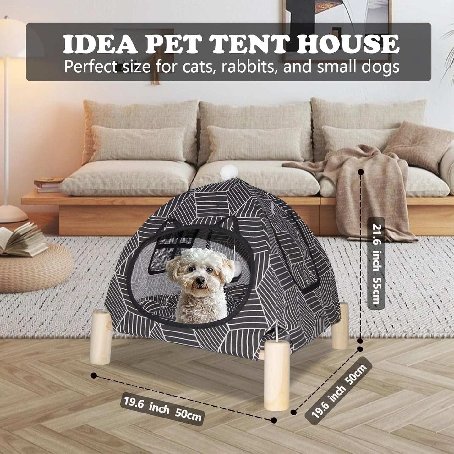 2-in-1 Elevated Cat Tent Cat House, Quick Assembly and Disassembly, Portable Indoor/Outdoor Cute Cat Bed Cave-Black Diamond Pattern