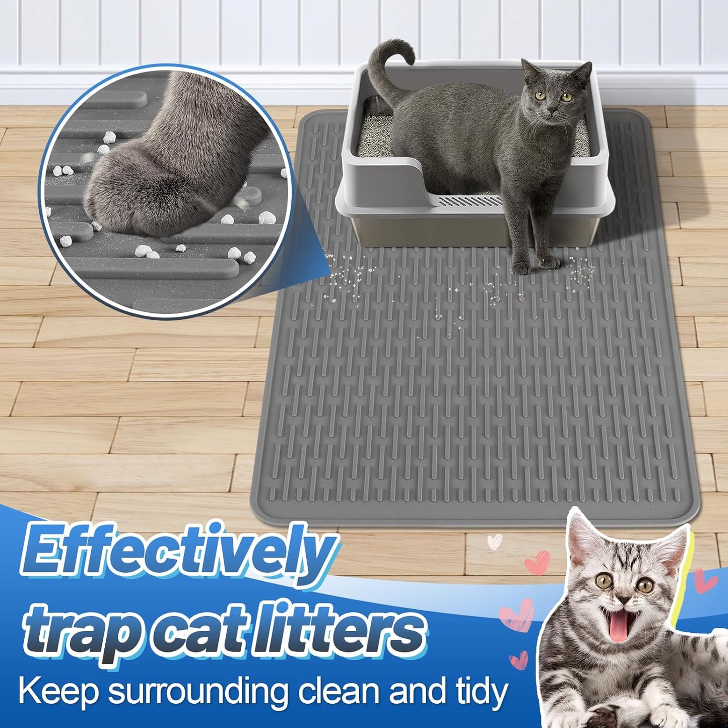 MEWTOGO Easy Clean Silicone Cat Mat for Litter Box - 23.4" x 15.6" Waterproof Non-Slip Kitty Litter Trapping Mat for Protecting Floor, Less-Mess Food Water Mat for Indoor, Gray