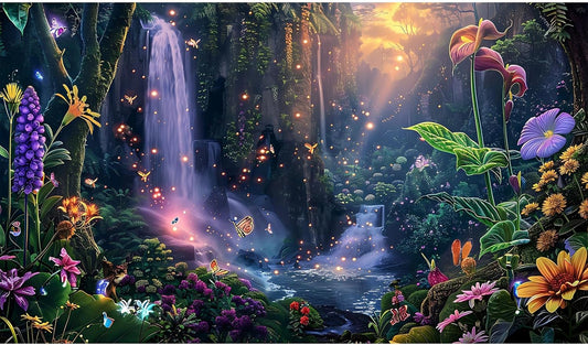 Fantasy Garden Aquarium Background Sunset Waterfall and Flowers Terrarium Backdrop Tropical Forest Lush Plant Magic Butterfly Lights Flowers Fish Tank Background Poster Decorations 60x24in