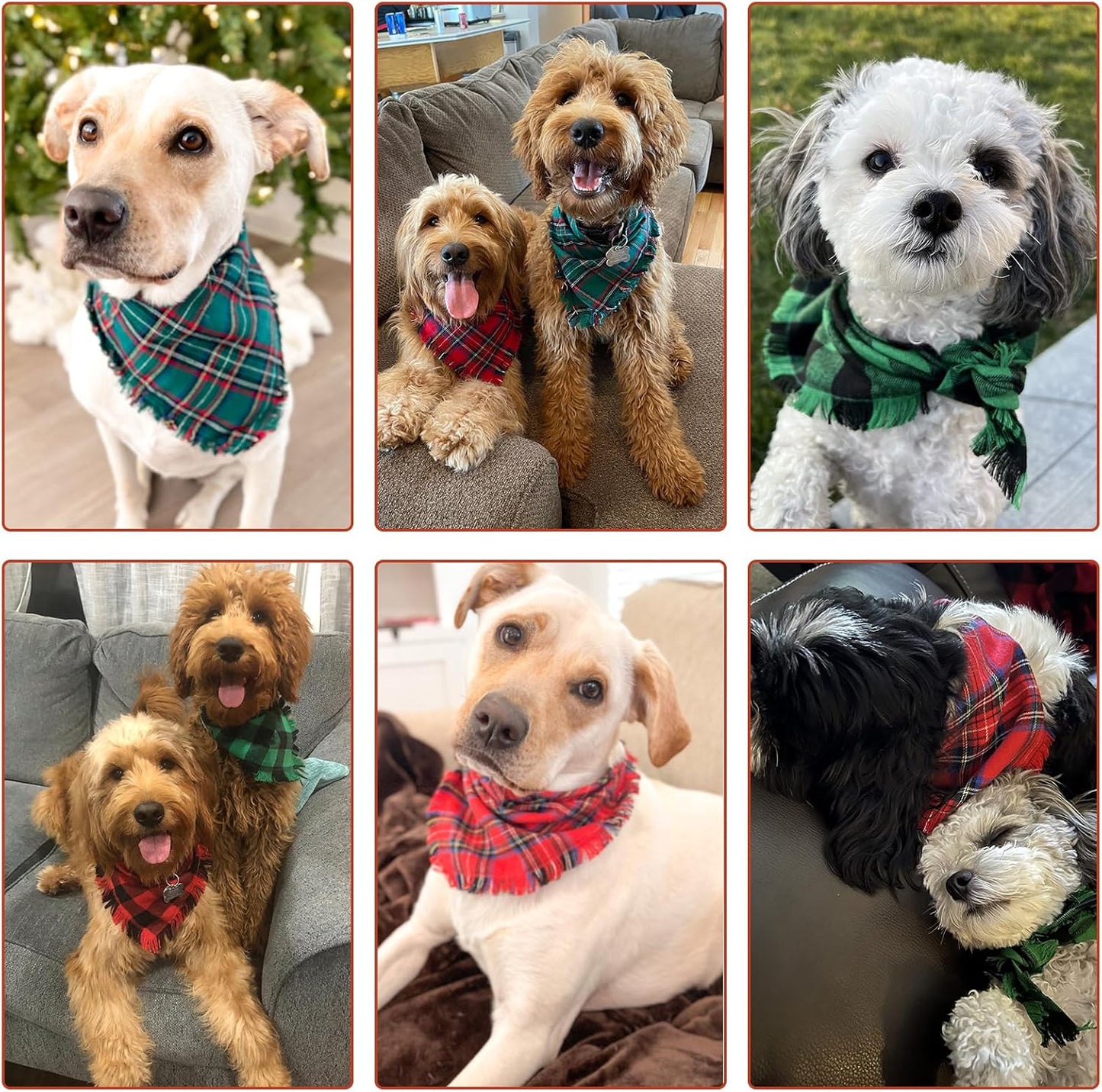 KOOLTAIL Christmas Plaid Dog Bandana 4 Pack - Classic Triangle Scarf Tassels Style Holiday for Dogs Cats Puppy