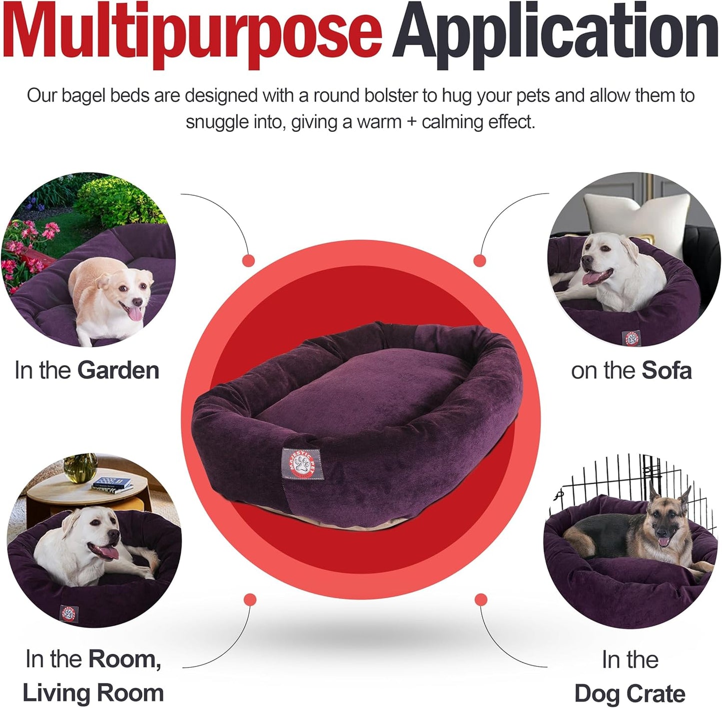 Majestic Pet 32 Inch Micro Velvet Calming Dog Bed Washable 32x23x7 (inch) – Cozy Soft Round Donut Dog Bed with Spine for Head Support - Pet Bed Medium – Aubergine
