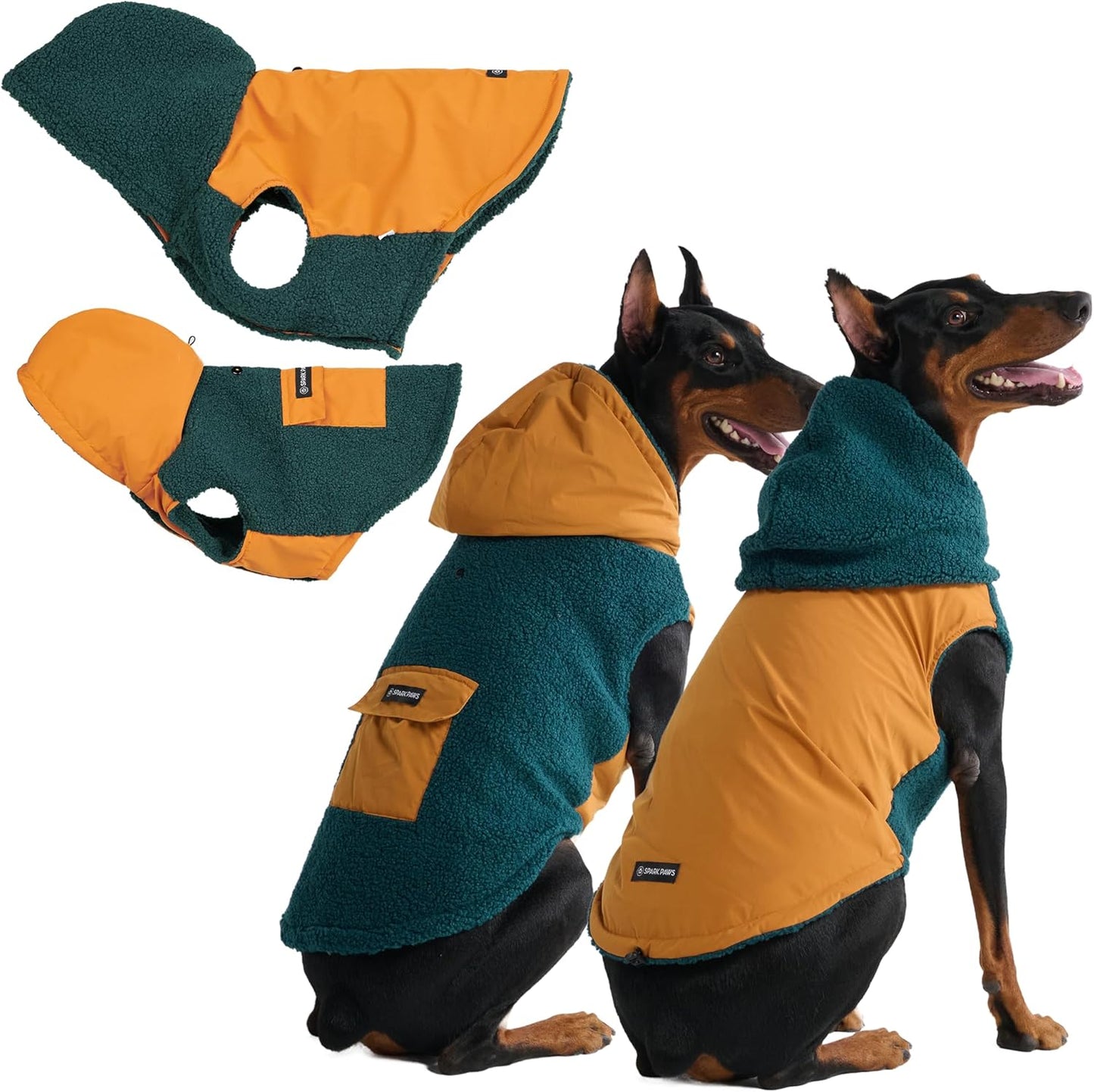 Spark Paws Reversible Dog Sweater, Sherpa Jacket Vest with Warm Fleece Lining, Warm Coat for Winter, Suitable for Small Medium, Large, XL XXL Dogs- Orange and Green - 4XL
