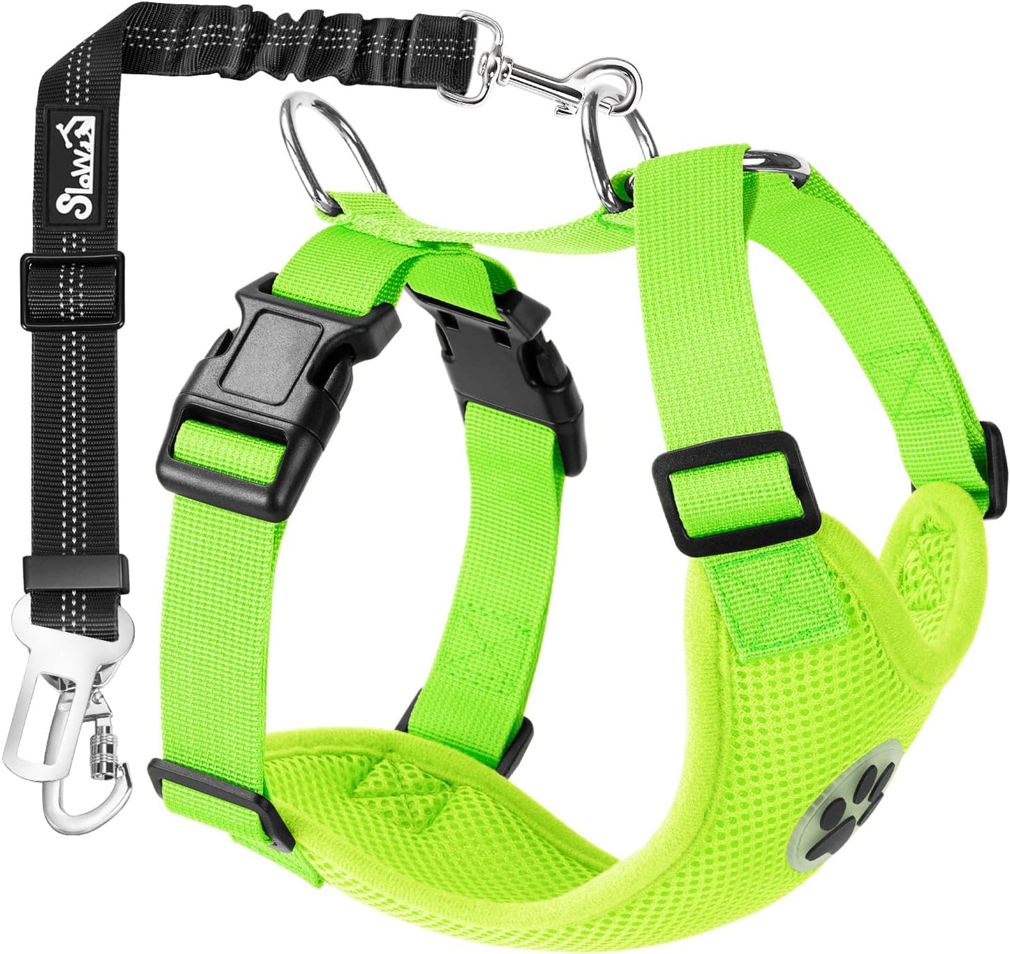 SlowTon Dog Seat Belt Harness for Car, Dog Car Harness Adjustable Mesh Breathable & Dog Seatbelt Safety Tether with Elastic Bungee for Small Medium Large Pets(Lime, Double Clip, M)