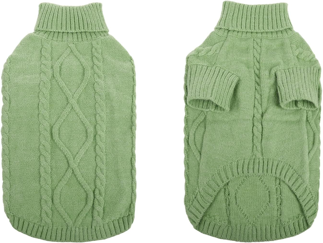 Queenmore Small Dog Pullover Sweater, Cold Weather Cable Knitwear, Classic Turtleneck Thick Warm Clothes for Chihuahua, Bulldog, Dachshund, Pug, Yorkie (Green, Small)