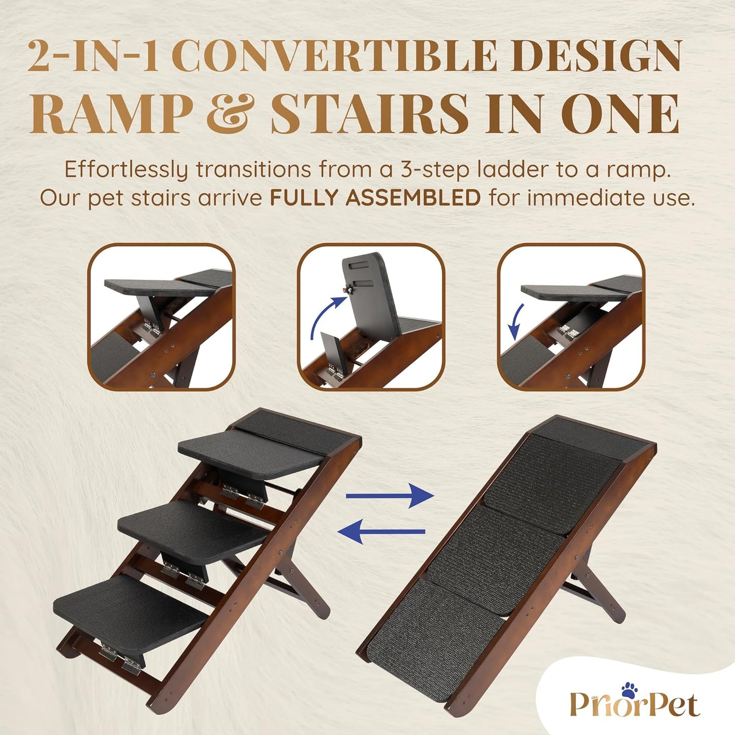 Dog Steps for Bed & Couch 2-in-1 Dog Stairs/Ramp - Height Adjustable Dog Ramp for Couch 7” - 20” - Pet Stairs, Dog Stairs for Small Dogs - Easy to Move Pet Steps with Landing Platform, Walnut