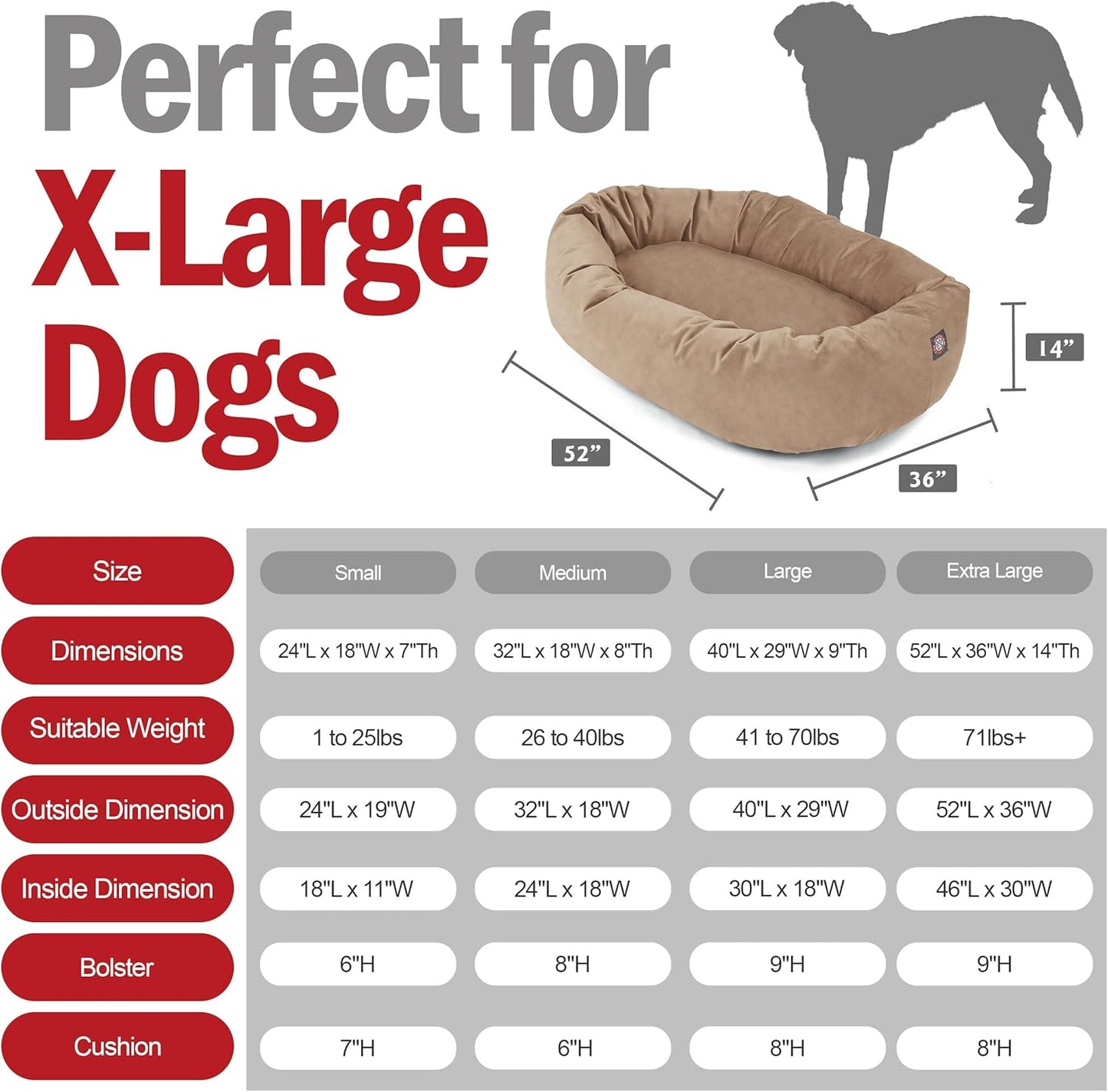 Majestic Pet 52 Inch Suede Shredded Memory Foam Mix Calming Extra Large Dog Bed Washable 52 x 35 x 11 (Inch) - Cozy Soft Donut Round Dog Bed with Spine for Head Support - Pet Bed Stone