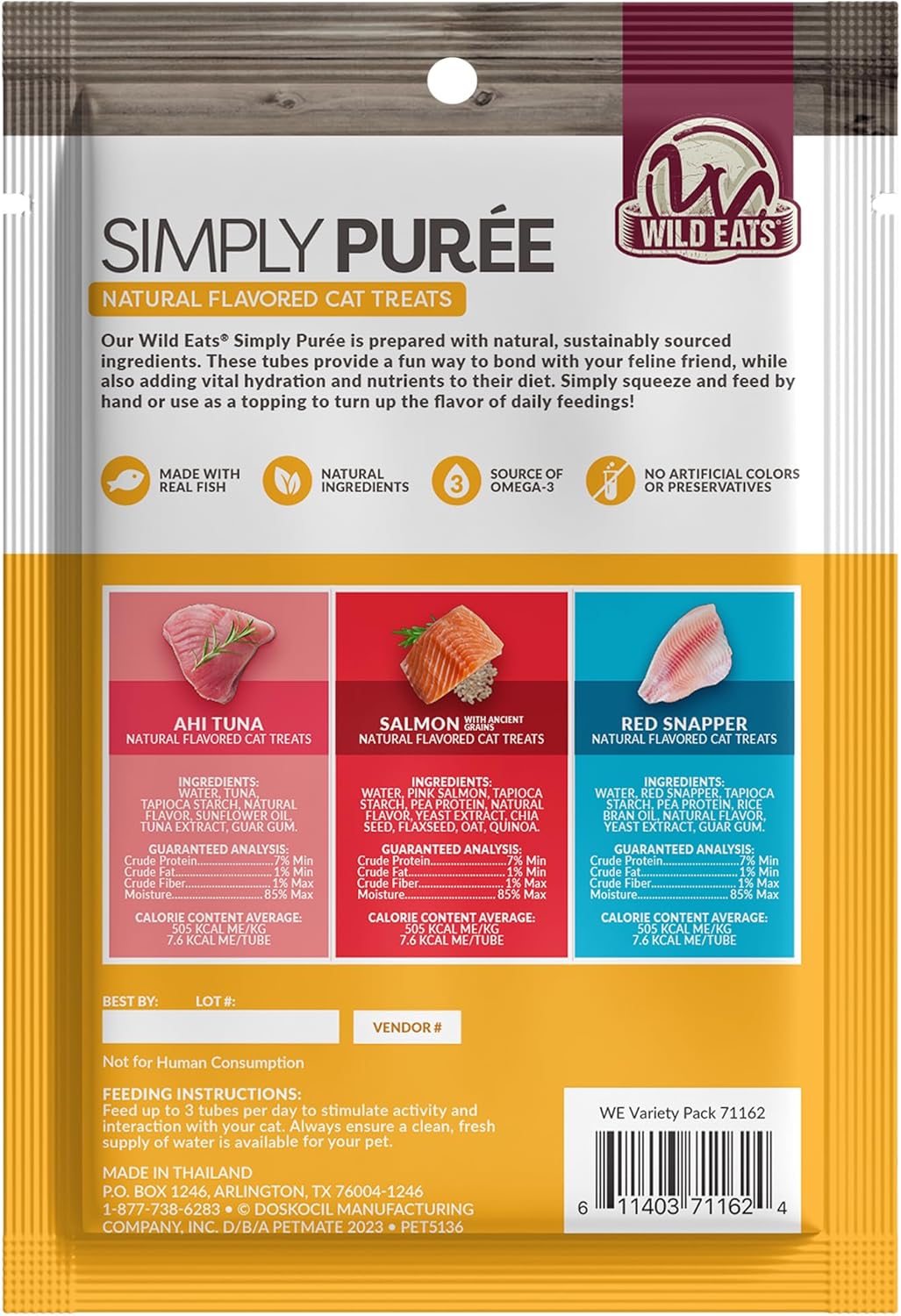 Lickable Cat Treats Exotic Fish Variety Pack 12ct - Ahi Tuna, Wild Pink Salmon, Red Snapper - Puree Bisque