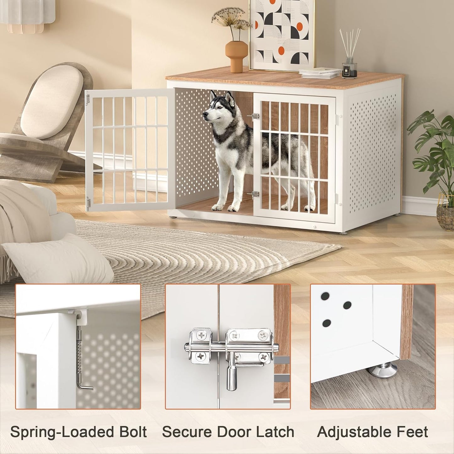 42" Heavy Duty Dog Crate Furniture for Large Dogs, Metal Kennel for High Anxiety Dogs, White Wooden Cage Furniture Indoor, Decorative Dog Kennel End Table, XL