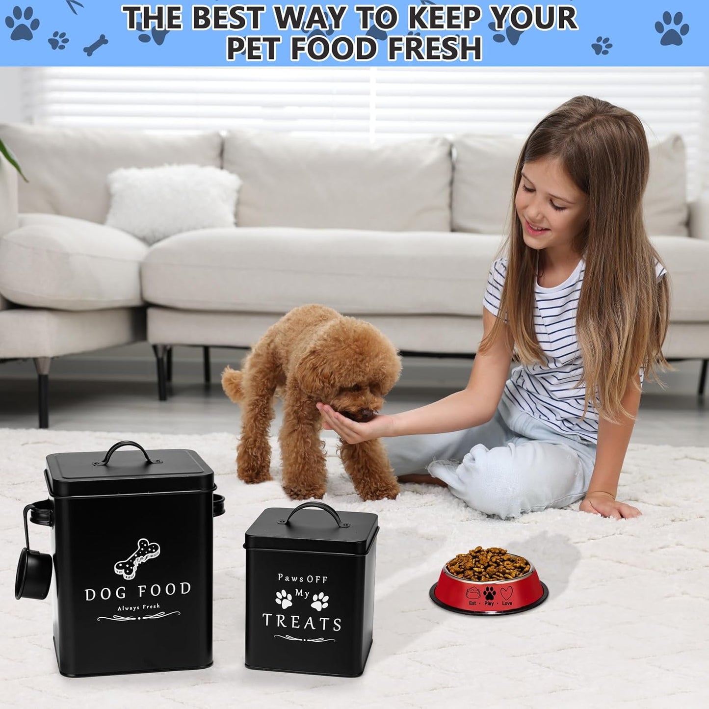 Meraki Home Small Dog Food Container and Dog Treats Container - Tight Lids - Feed Scoop and Pet Food Bowl - Farmhouse Metal Storage Bin - Matte Black