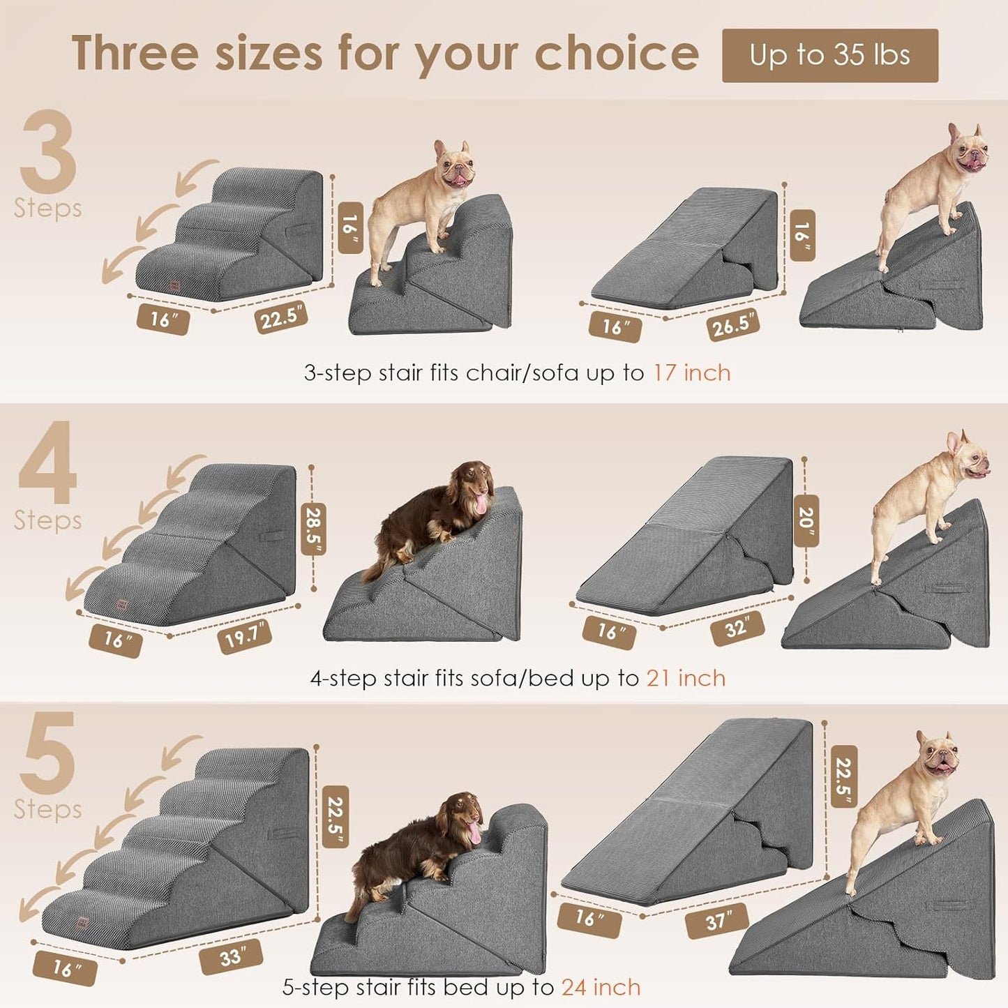 EHEYCIGA Curved Foldable Dog Stairs Ramp for Small Dogs 16" H, 3-Step Dog Steps for Couch Sofa and Chair, Pet Stairs for Cats, Non-Slip Balanced Pet Steps Indoor, Grey