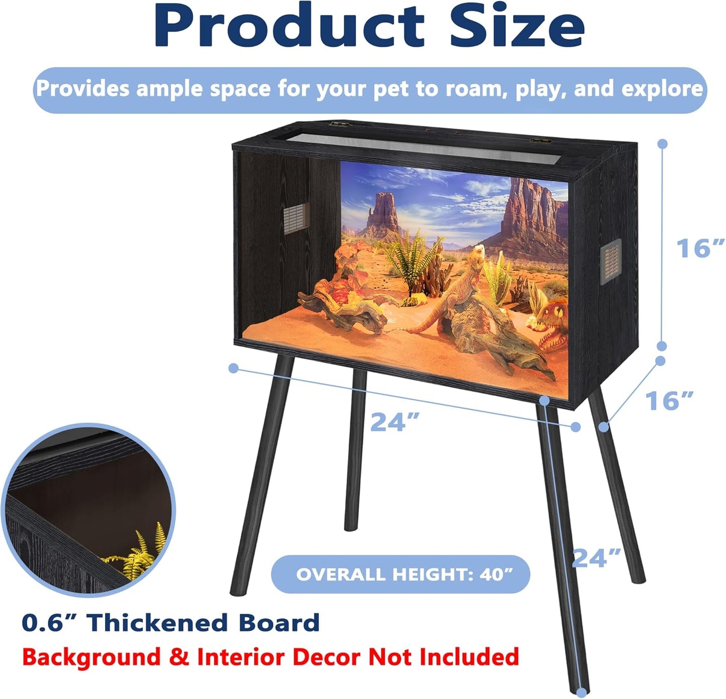 Prolee Reptile Terrarium, Lizard Tank Up to 68 Gallons, Bearded Dragon Tank with Roof Door, Snake Tank with Built-in Lamp Fixture and Switch, with Leg Stand (Black, 21 Gallons, 24" Length)