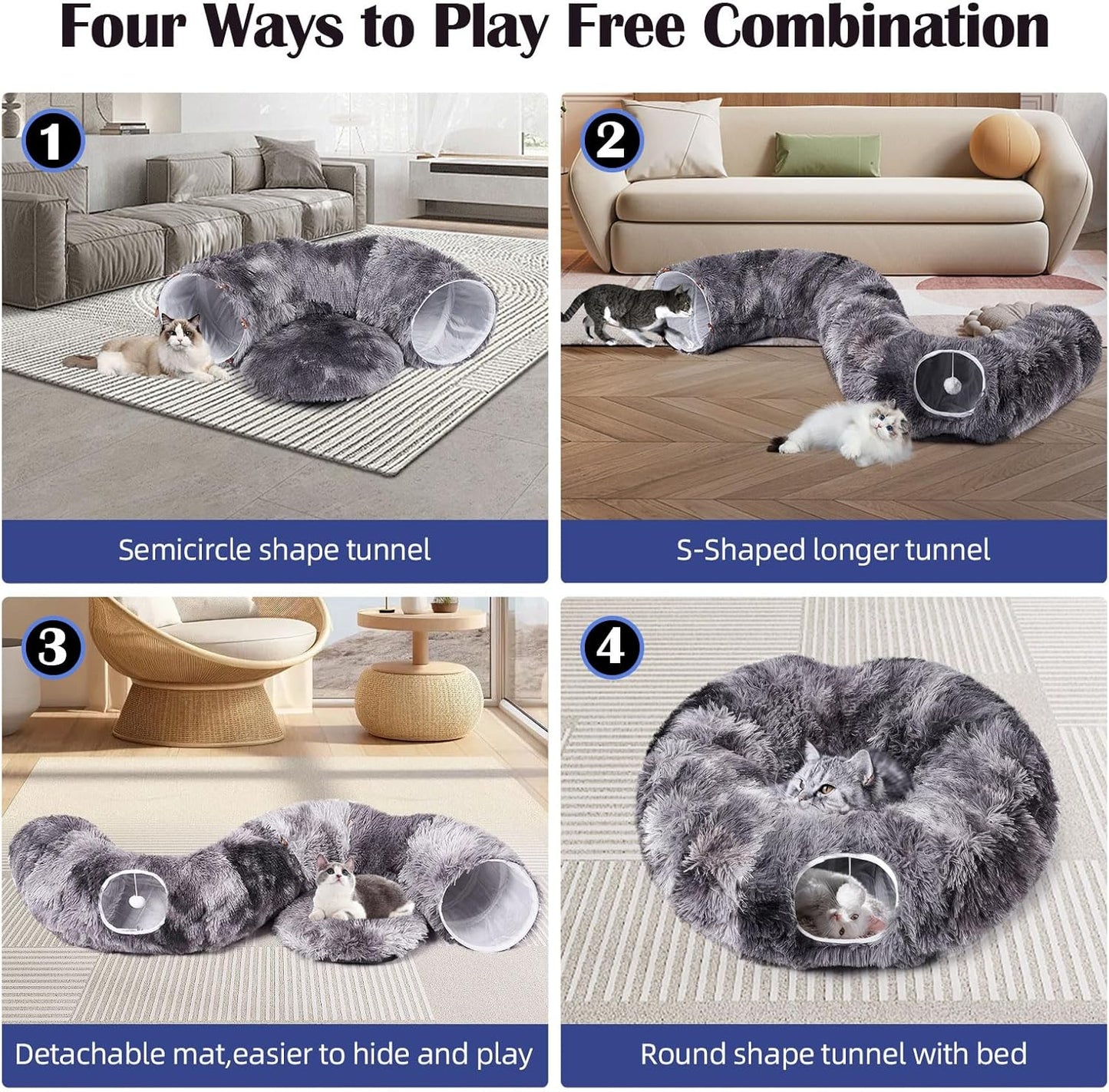 Odoland Cat Tunnels for Indoor Cats with Fluffy Plush Central Cat Couch and 20 Cat Toys, Tunnel Bed for Cats with Hanging Ball, Detachable Soft Mat and Variety Kitty Toy Set, Grey